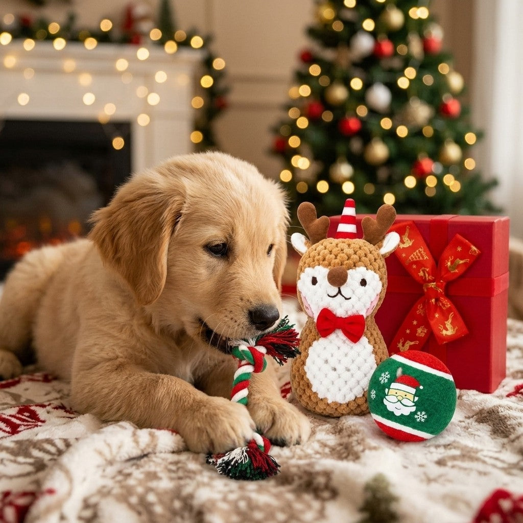 Golden retriever puppy with Christmas reindeer plush dog toy set by the tree