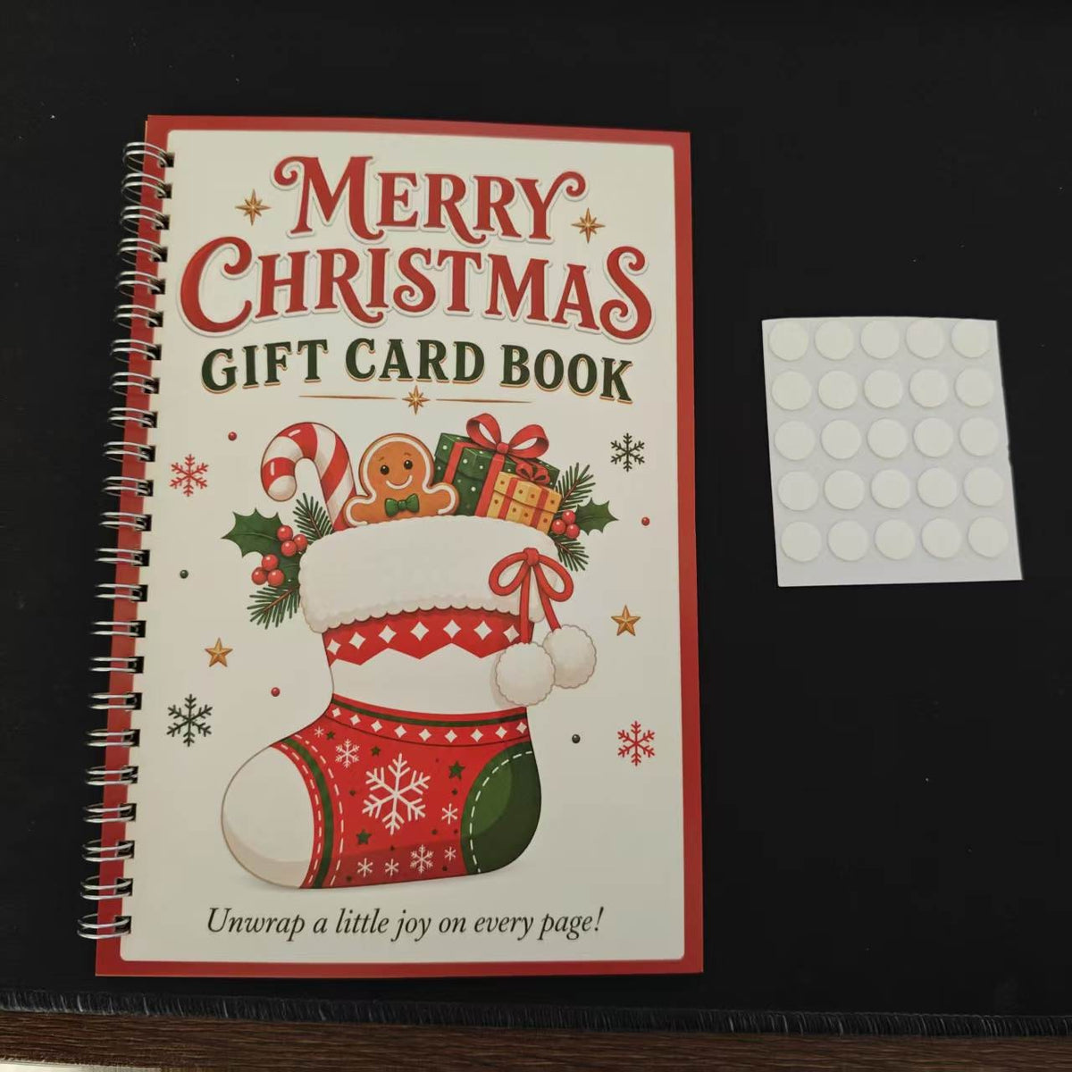 Christmas stocking gift card book front cover close-up with adhesive dot sheet