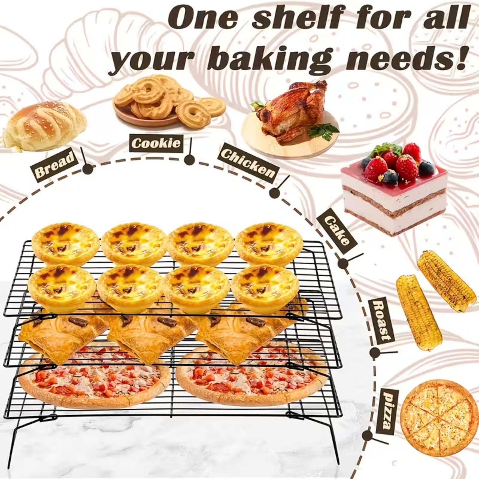 3-Tier Stackable Baking Cooling Rack Collapsible Iron Wire Rack for Baking