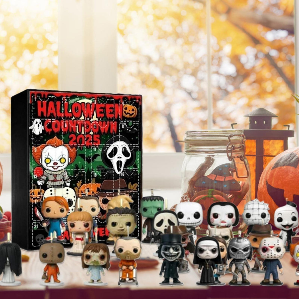 Horror mini figures from the advent calendar displayed by a window