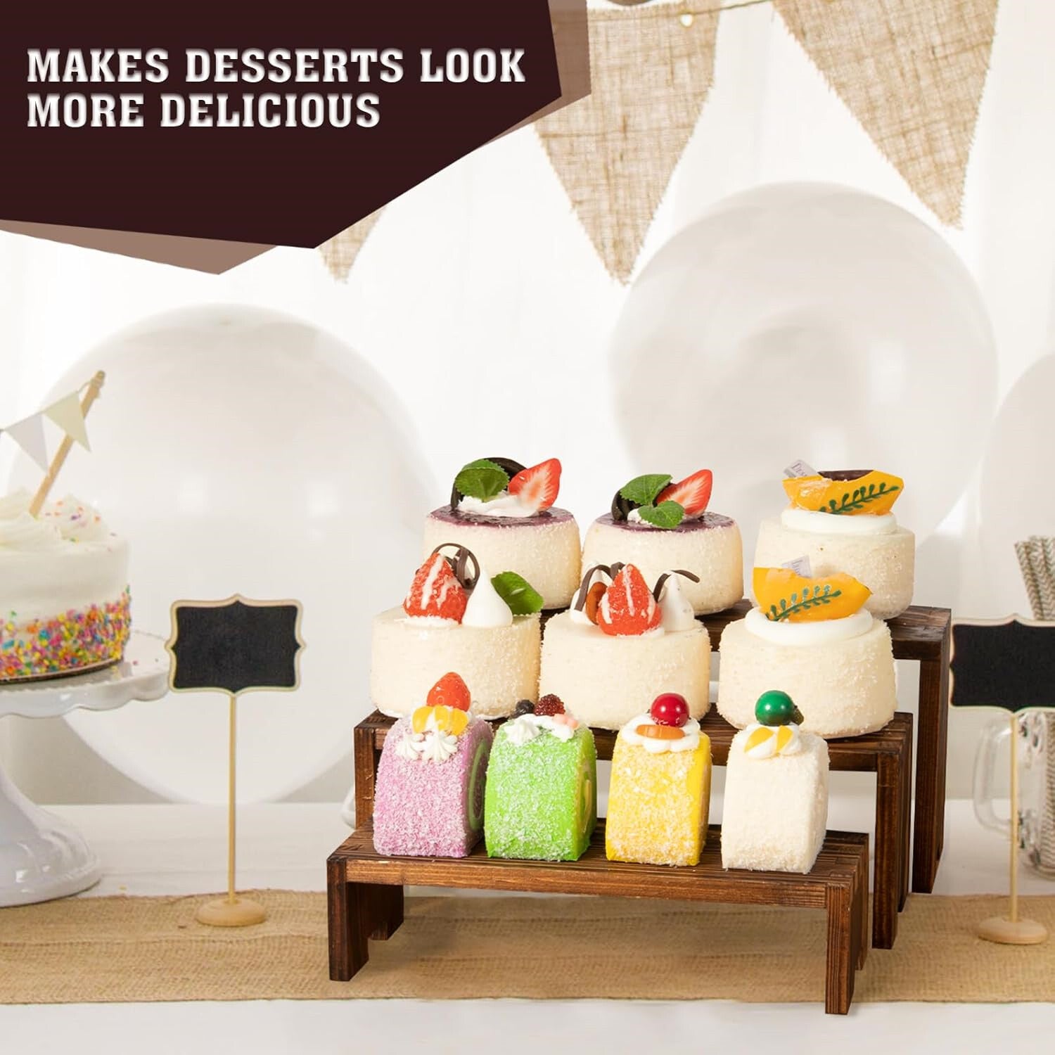 6pcs 3 Tier Wooden Display Risers Set | Rectangular Cupcake Dessert & Retail Display Stands