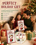 Family opening a Christmas gift card book with gift cards on the pages